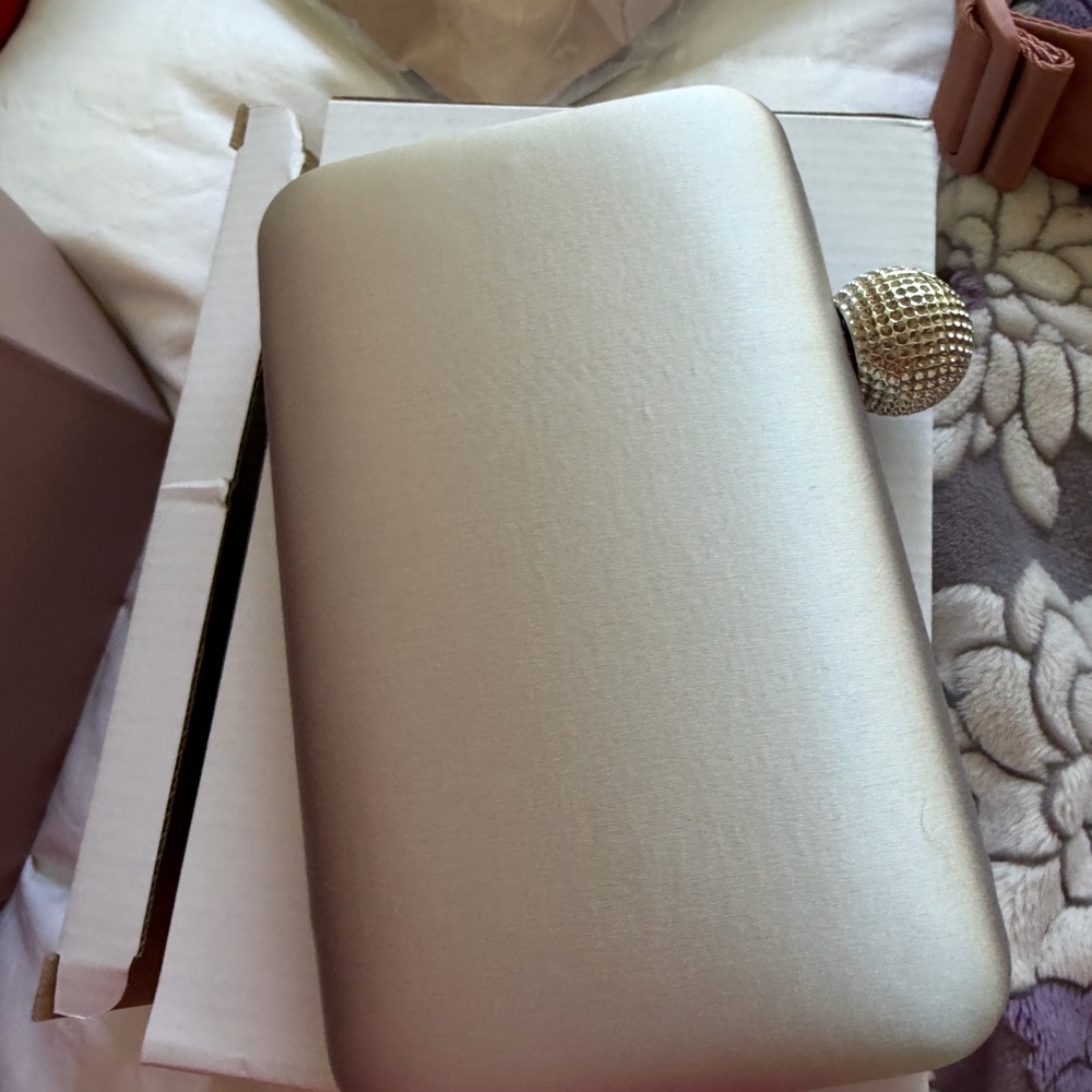 Nina Metallic Champagne Satin Clutch with Jeweled Knob